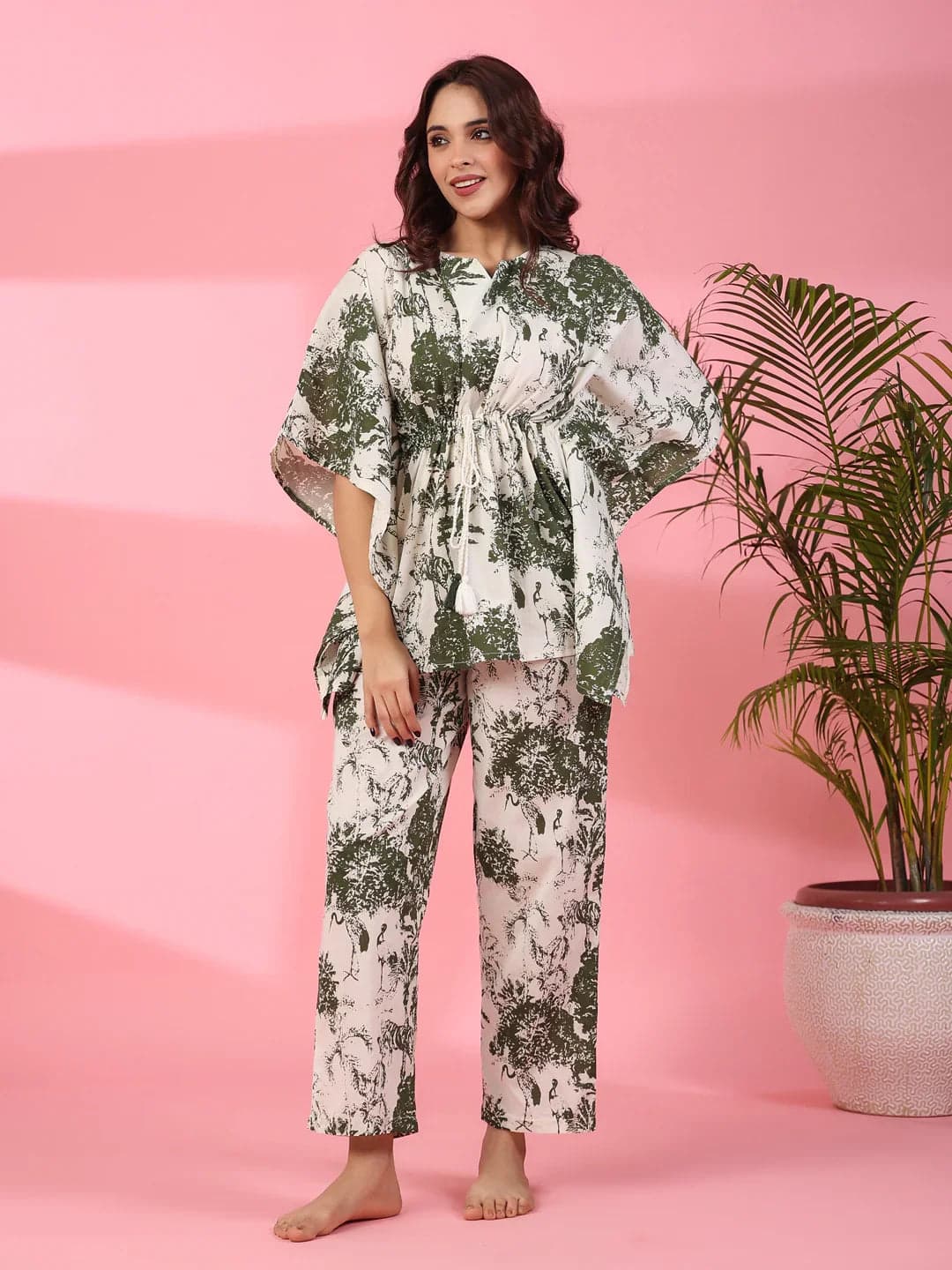 Tiko Fashion Jungle Print Cotton Kaftan Night Suit