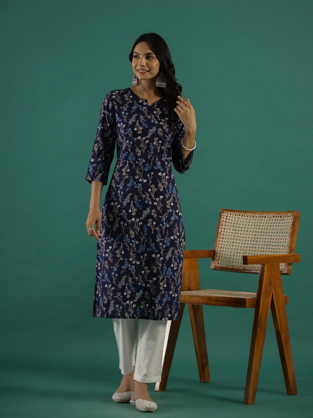 Tiko Fashion Women's Navy Blue Floral Printed Kurta