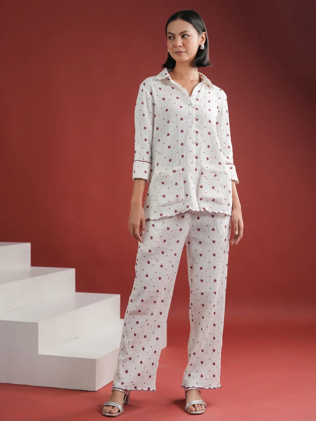 Tiko Fashion White Heart Printed Cotton Night Suit Set