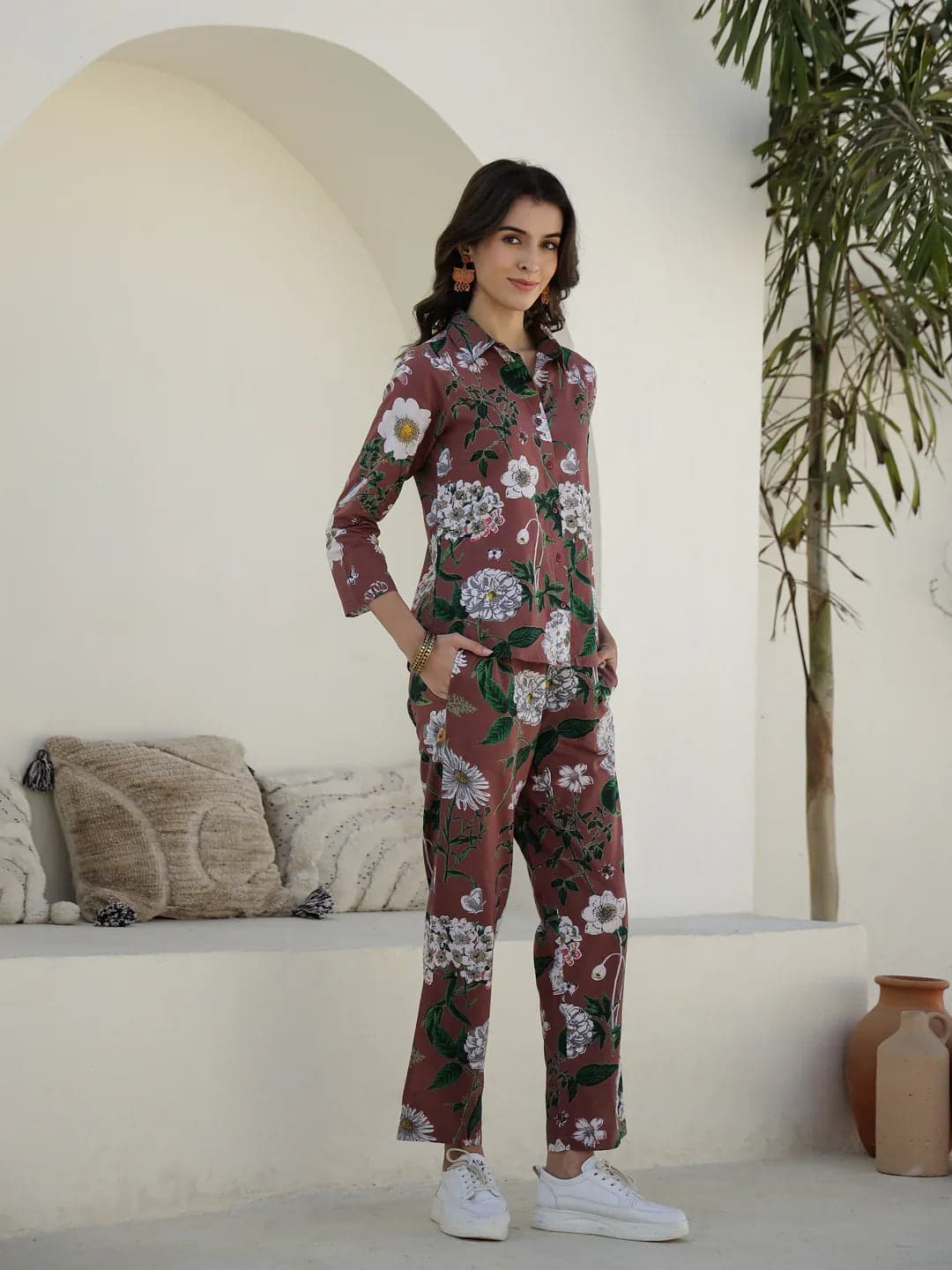 Tiko Fashion Women's Brown Floral Printed Cotton Night Suit