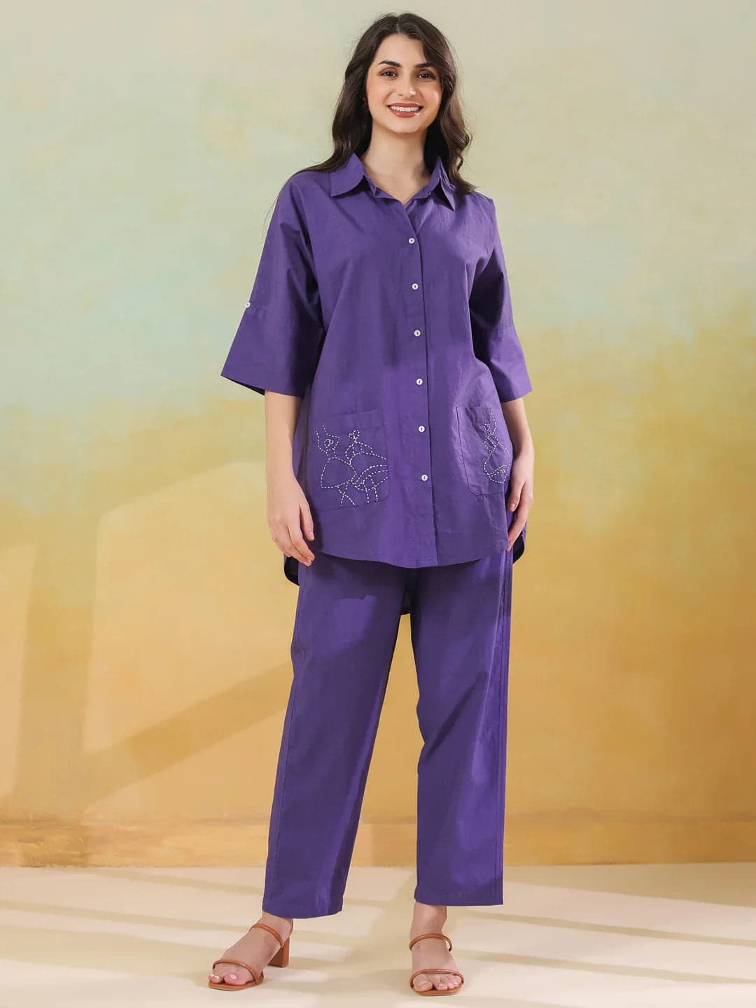 Tiko Fashion Women's Purple Color Shirt Collar Pure Cotton Co-Ord Set