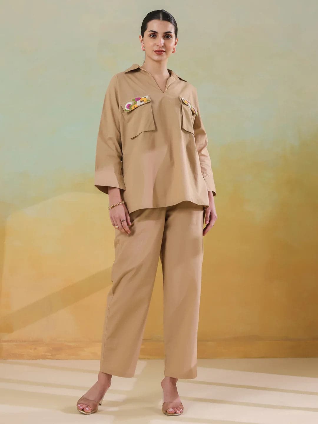 Tiko Fashion Women's Cream Color Shirt Collar Polyester Co-Ord Set