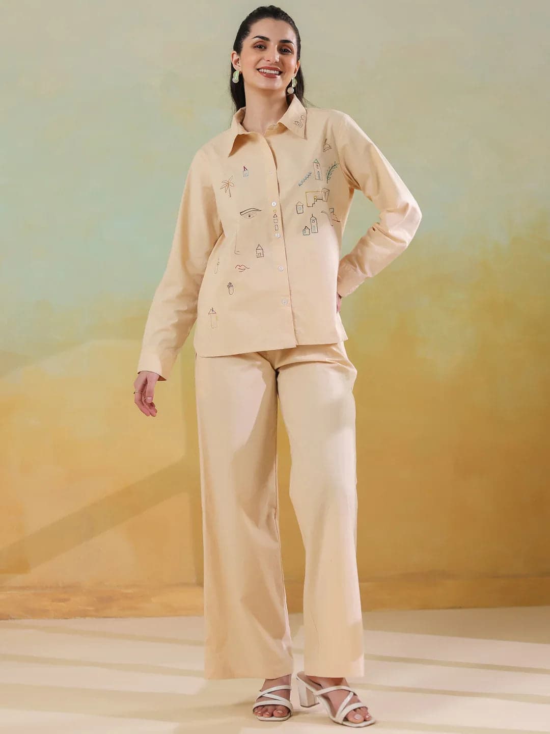 Tiko Fashion Women's Cream Color Shirt Collar Pure Cotton Co-Ord Set