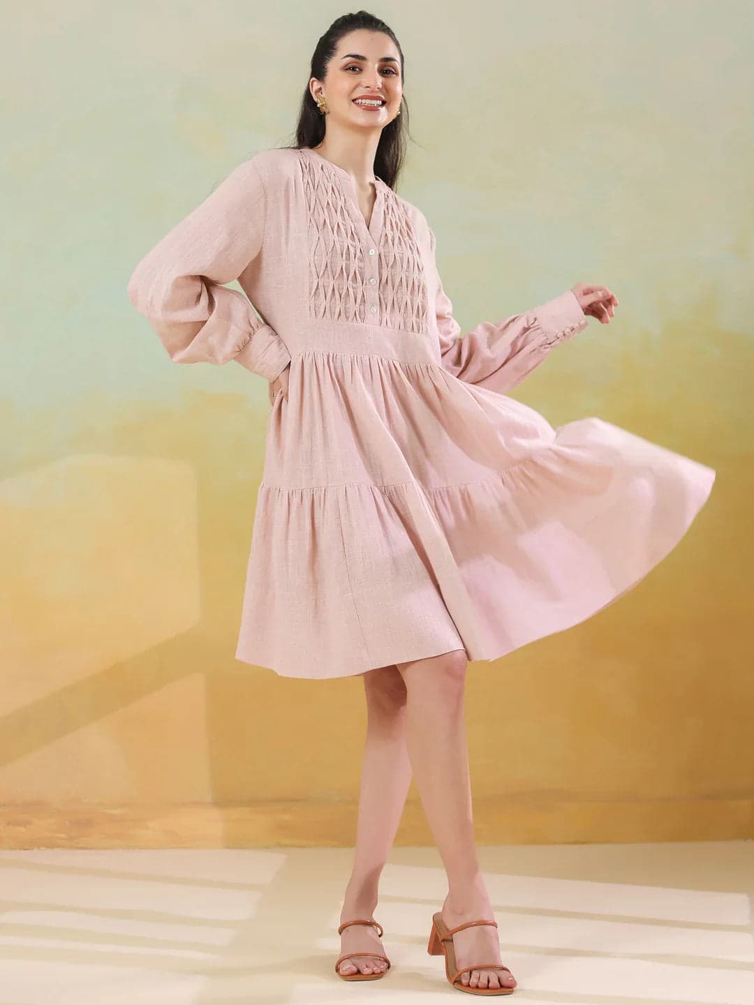 Tiko Fashion Women's Pink Round Neck Solid Dress