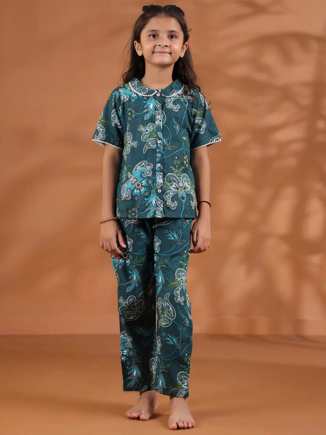 Tiko Fashion Green Round Neck Floral Printed Kids Night Suit Set